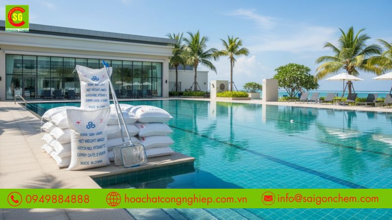 H&oacute;a chất soda ash gi&uacute;p c&acirc;n bằng pH nước hồ bơi