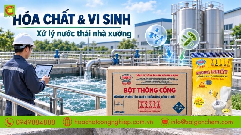 H&oacute;a chất v&agrave; vi sinh được ứng dụng trong xử l&yacute; nước thải nh&agrave; xưởng.