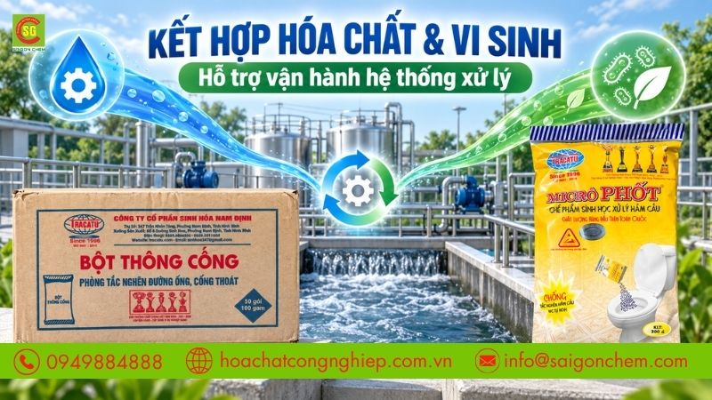 Kết hợp h&oacute;a chất v&agrave; vi sinh gi&uacute;p hỗ trợ vận h&agrave;nh hệ thống xử l&yacute;.