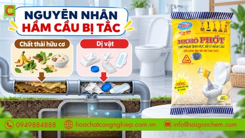 Hầm cầu bị tắc c&oacute; thể do chất thải hữu cơ hoặc dị vật. 